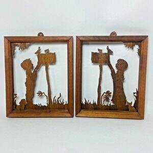 Vintage Woodcut Boy Girl Dog‎ Cat Mailbox Wall Hanging In 6.5" Rectangular Frame